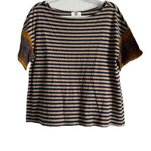Anthropologie Lilis Closet Womens Medium Tan Striped T Shirt Boho Woven Sleeves